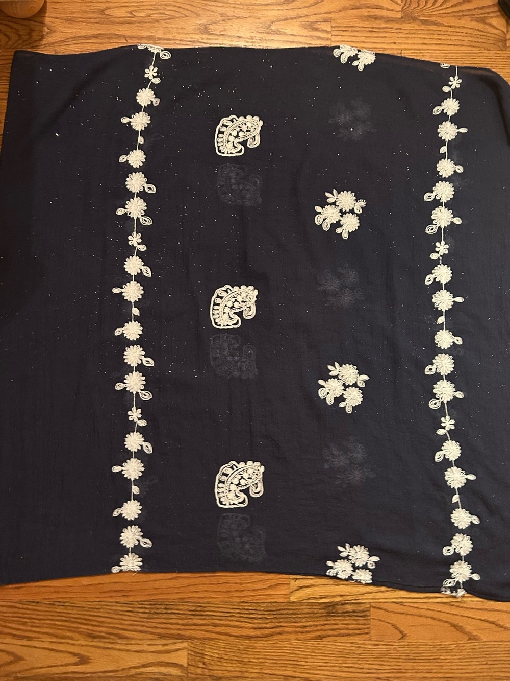 Blue Sparkly Rectangular Gauzy Grecian Inspired Scarf W/ White Embroidery Detail